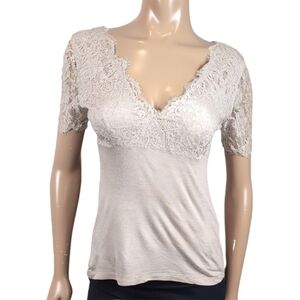 3/$20 H&M Taupe Lace Top Vneck Short Sleeve Party Sheer Neutral Rayon Small